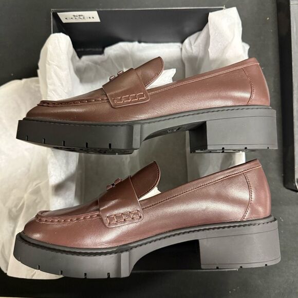 New Coach Leah Maple Brown Chunky Platform Leather Loafers 9 - Picture 4 of 6